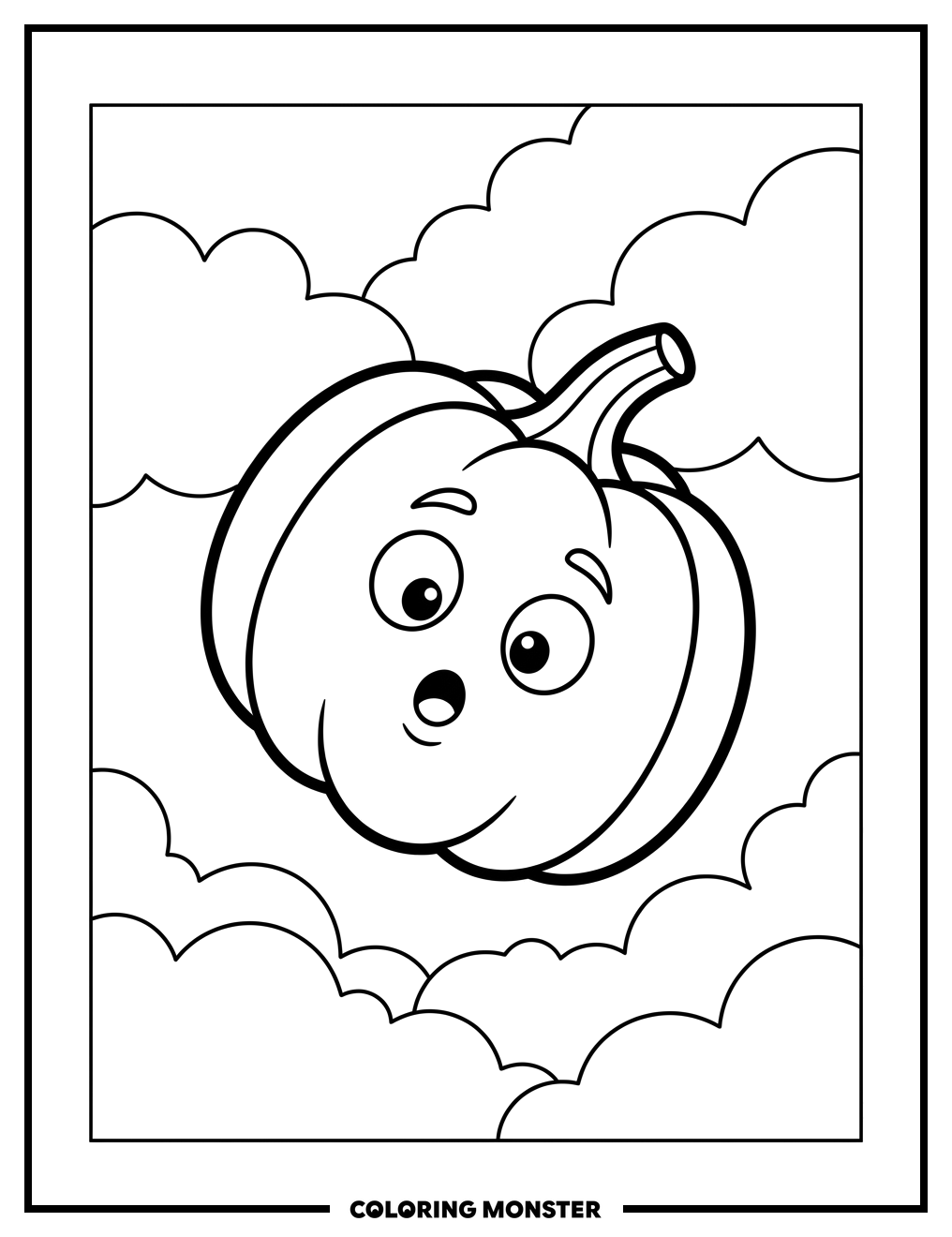 Flying Pumpkin in Clouds Coloring Page