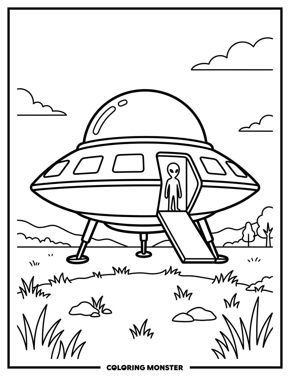 Flying Saucer Landing Coloring Page
