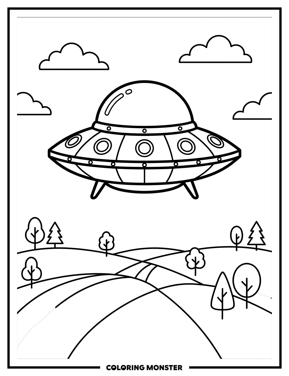 Flying Saucer Over Hills Coloring Page