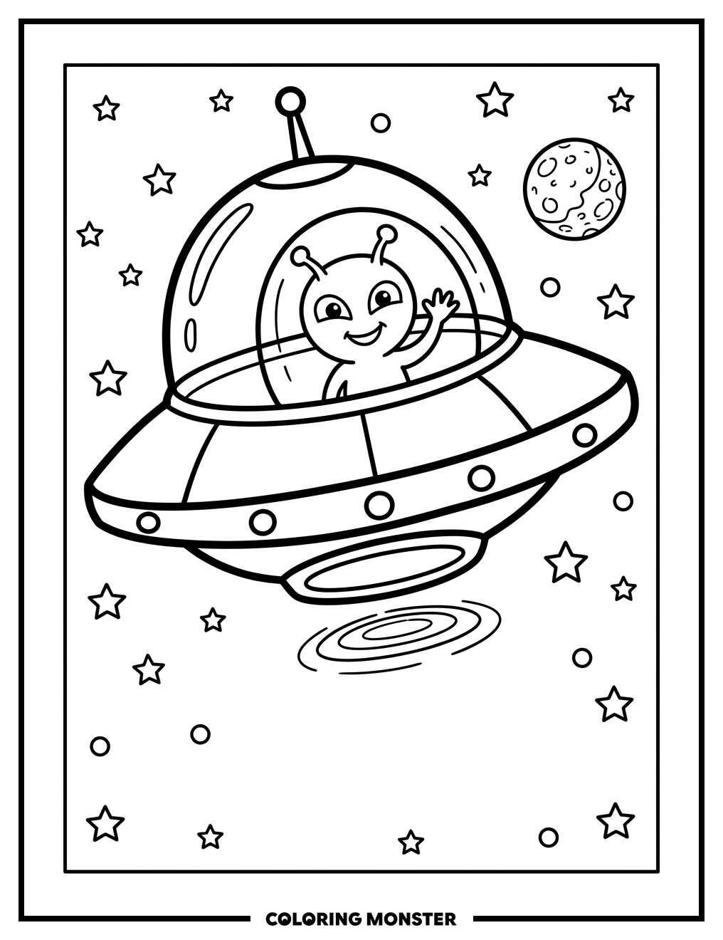Flying Saucer With Alien In Space Coloring Page