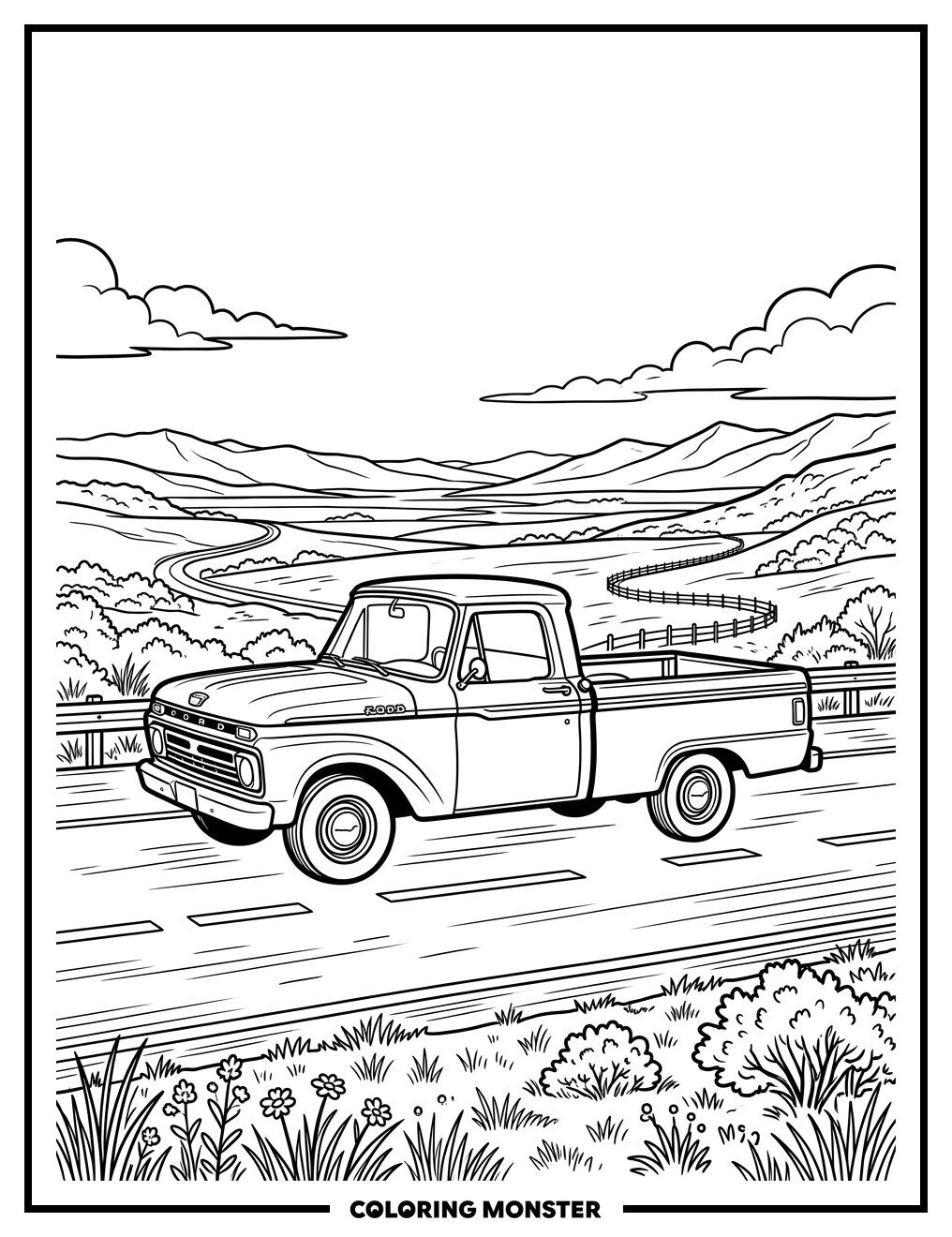 Ford Pickup Truck On Highway Coloring Page