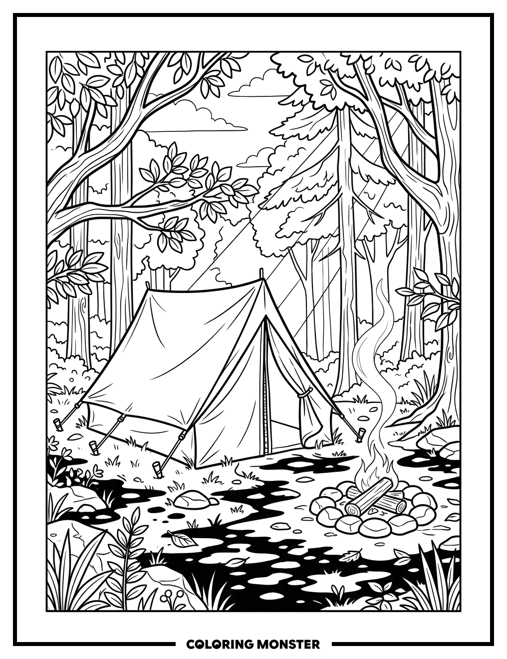 Forest Camping Tent Scene Coloring Page