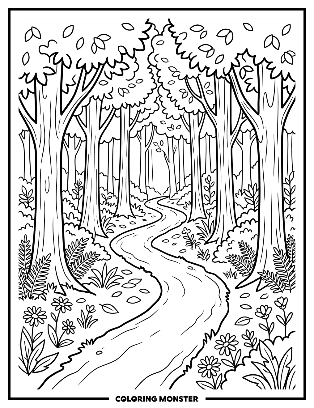 Forest Path with Sunlight Coloring Page