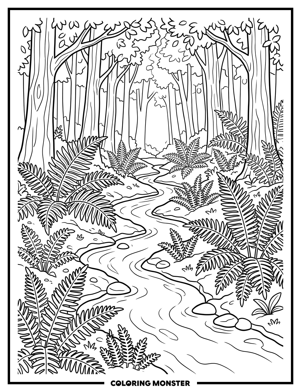 Forest Stream and Ferns Coloring Page