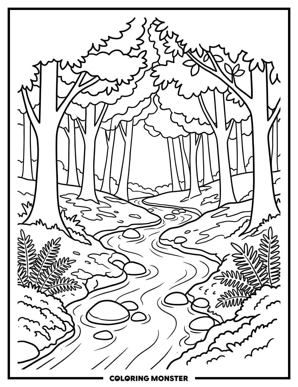 Forest Stream with Dappled Sunlight Coloring Page