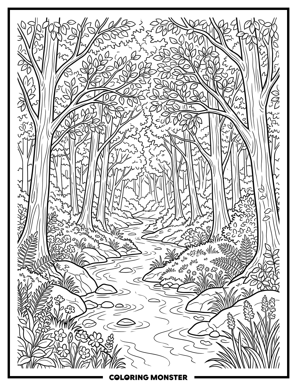 Forest Stream With Dappled Sunlight Coloring Page