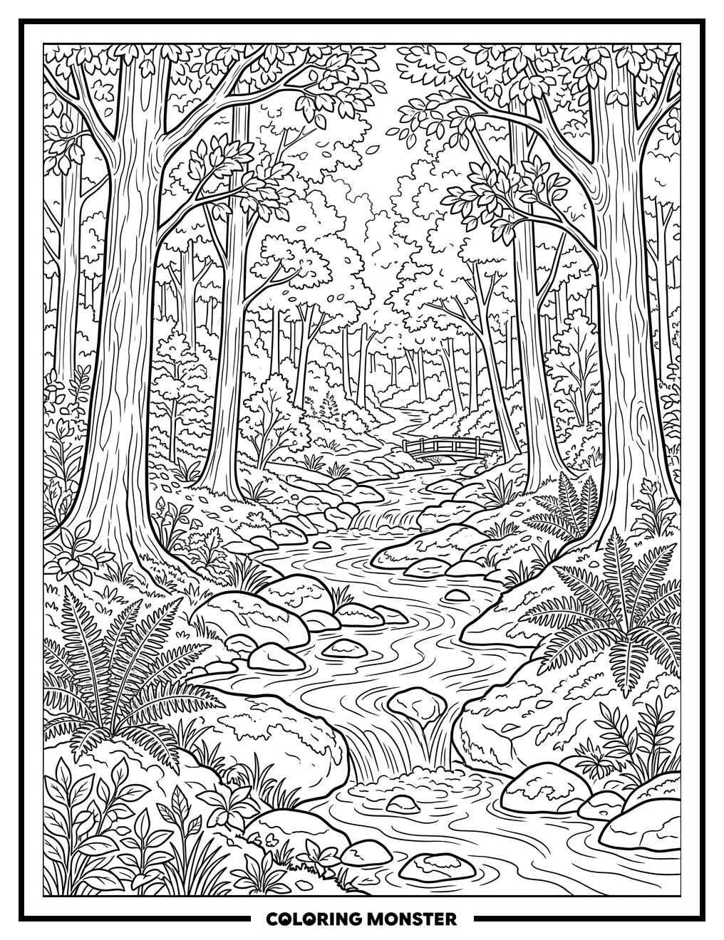 Forest Stream With Mossy Rocks Coloring Page