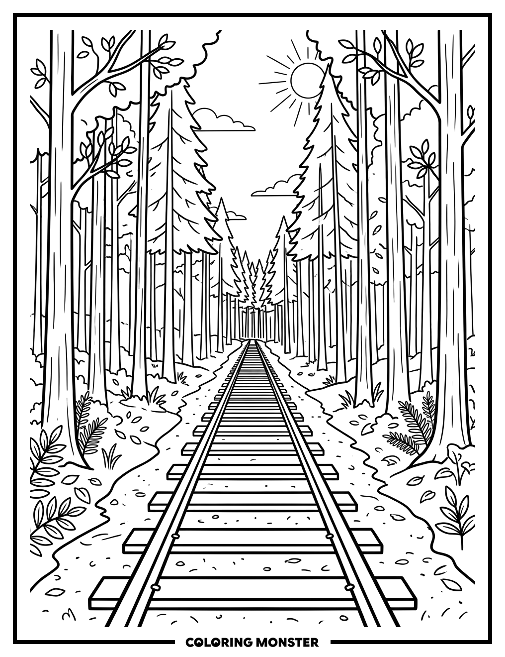 Forest Train Tracks Coloring Page