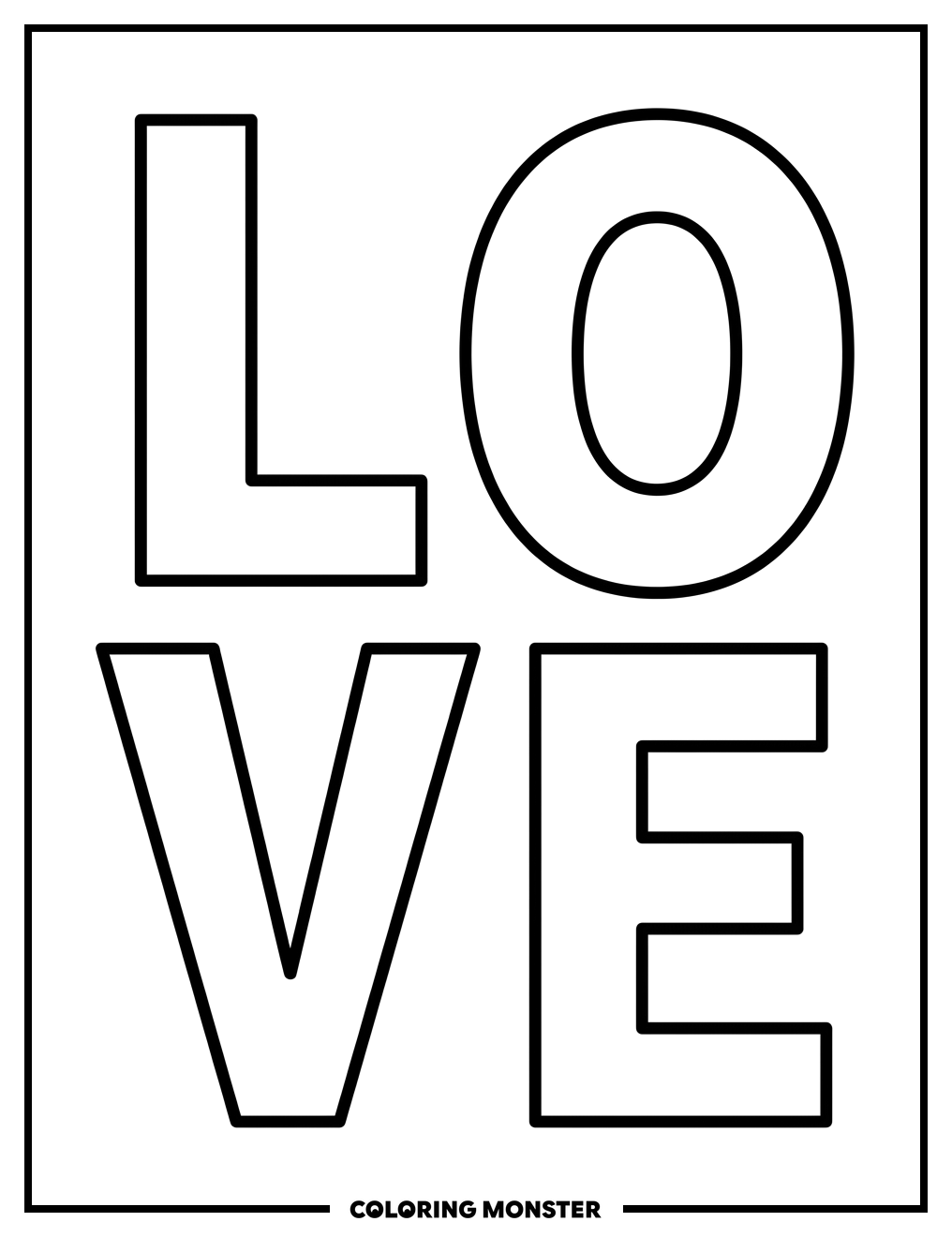 Four Block Letters Spelling LOVE Coloring Page
