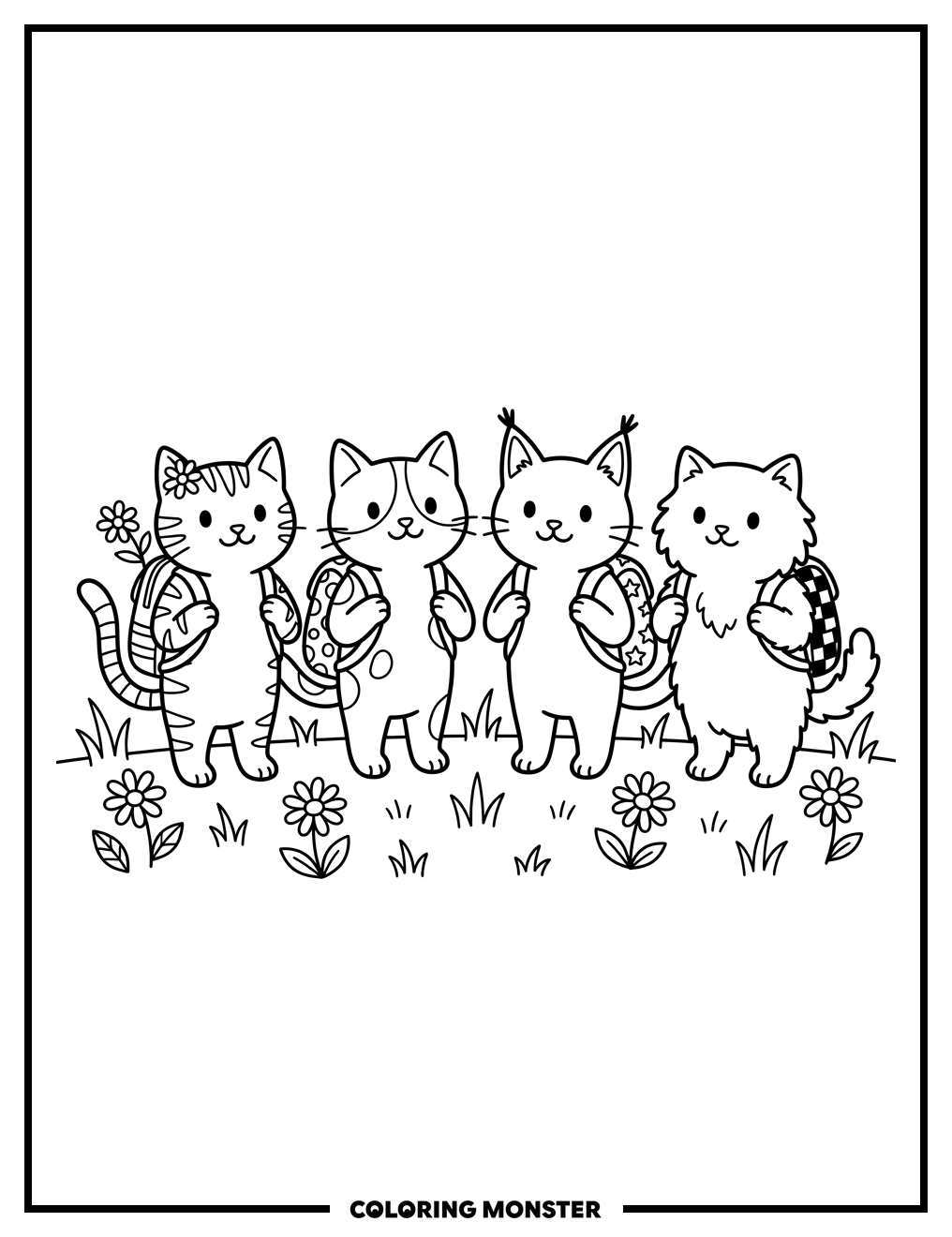 Four Cats Ready For Adventure Coloring Page