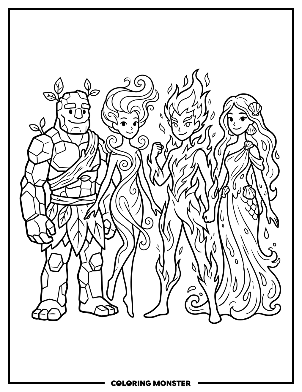 Four Elements Characters Coloring Page