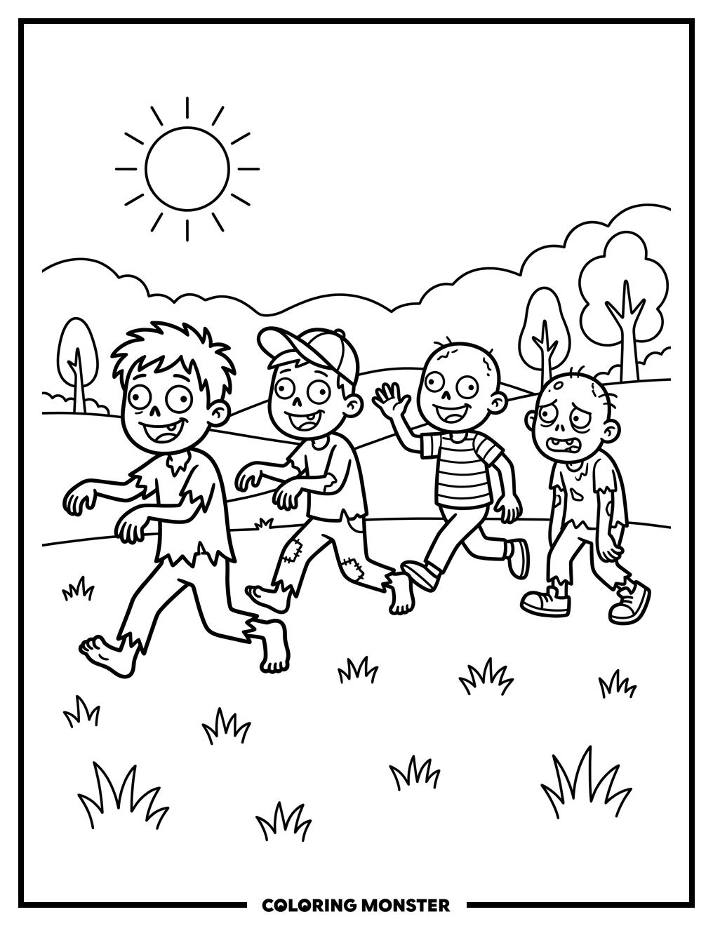 Four Friendly Zombies Running Coloring Page