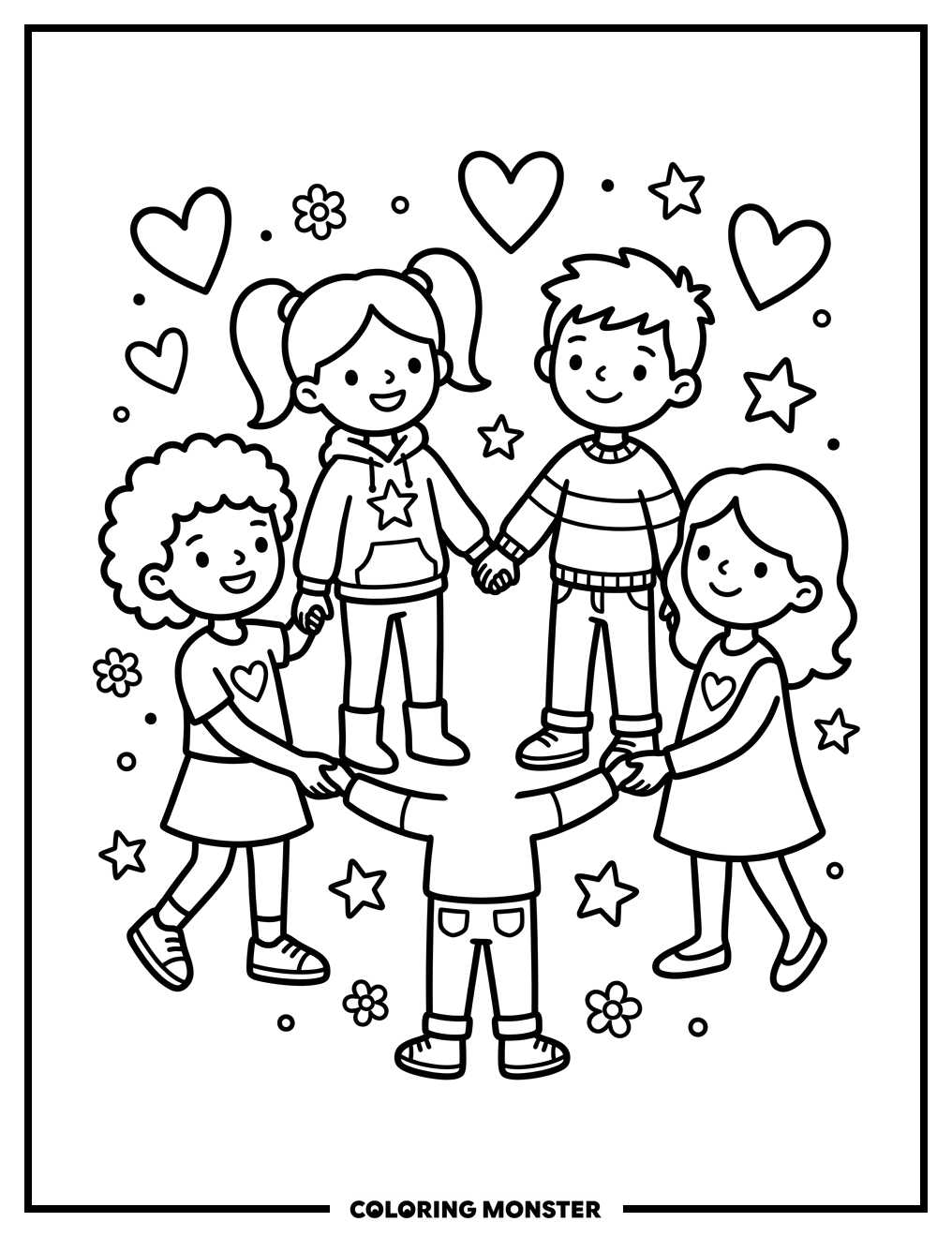 Four Friends Holding Hands Coloring Page