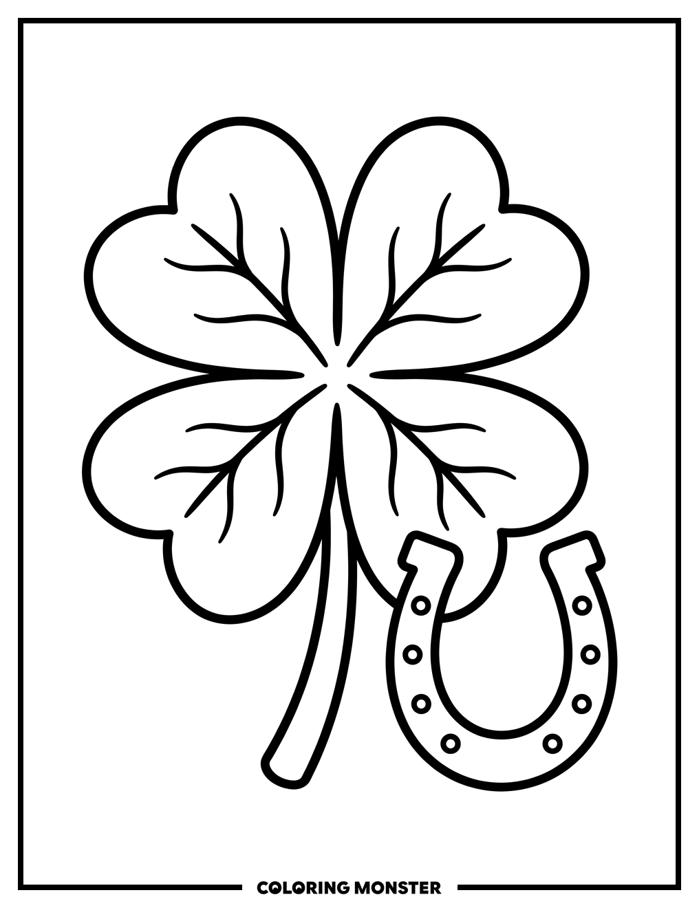 Four Leaf Clover and Horseshoe Coloring Page
