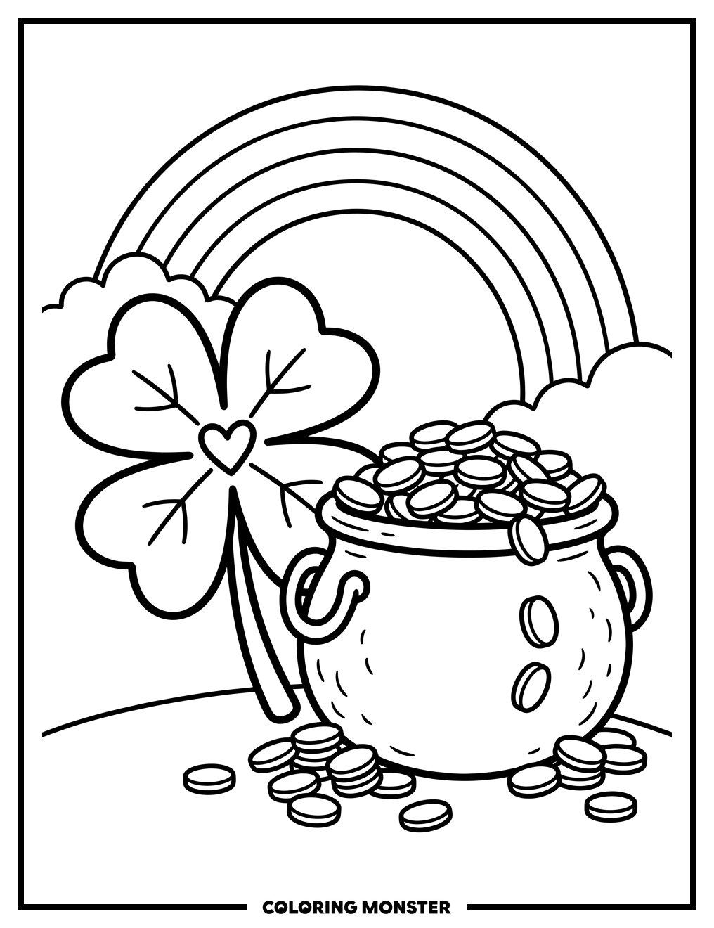 Four-Leaf Clover and Pot of Gold Coloring Page