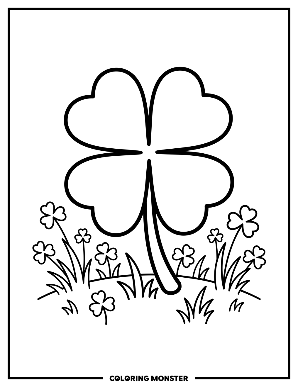 Four-Leaf Clover and Shamrocks Coloring Page