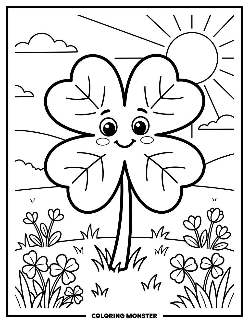 Four-Leaf Clover in Field Coloring Page