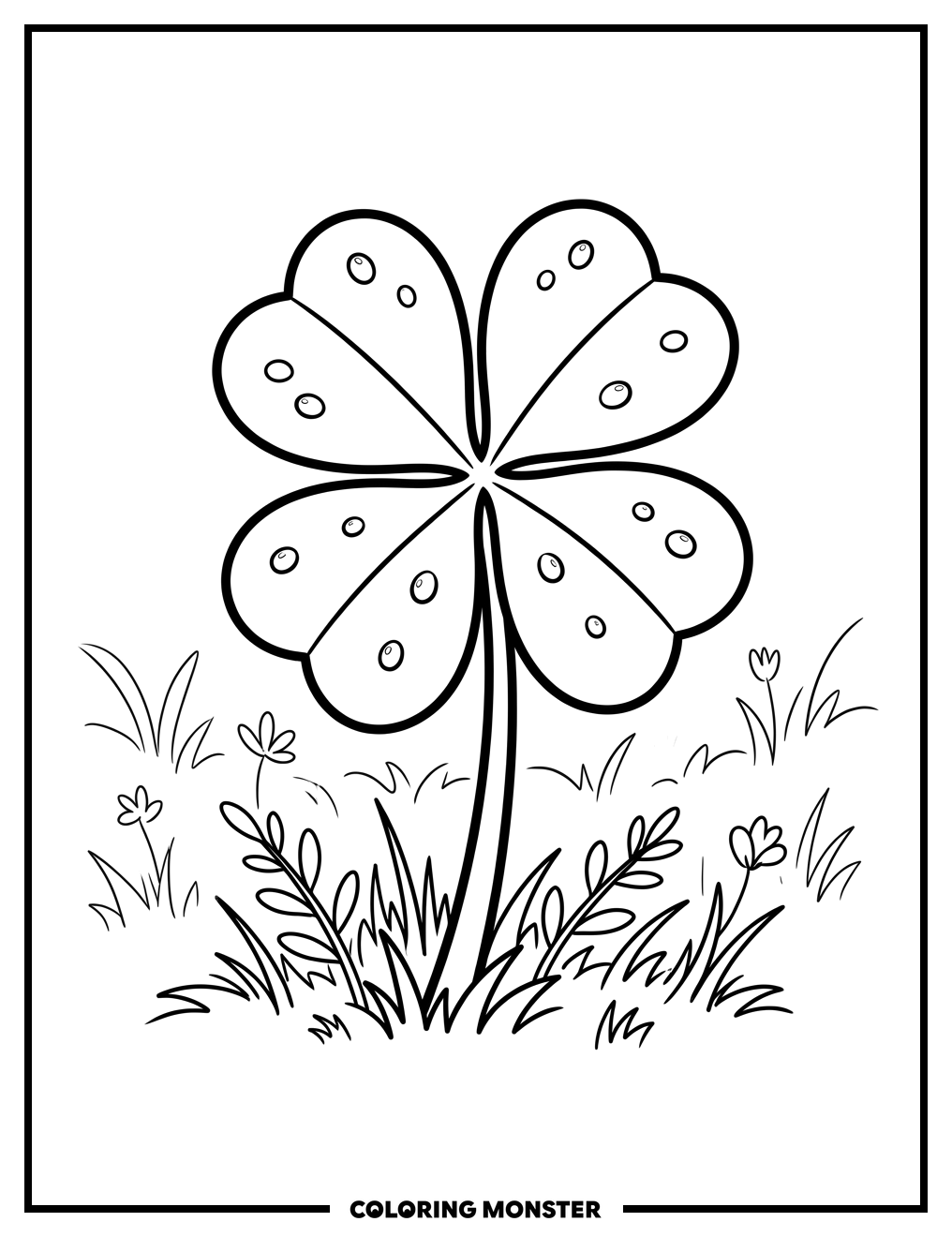 Four-Leaf Clover With Dew Drops Coloring Page