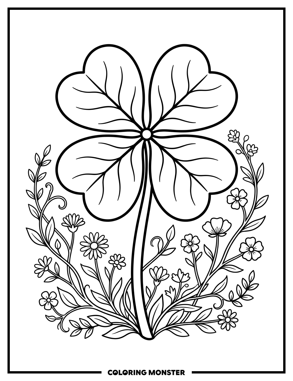 Four-Leaf Clover with Vines and Flowers Coloring Page