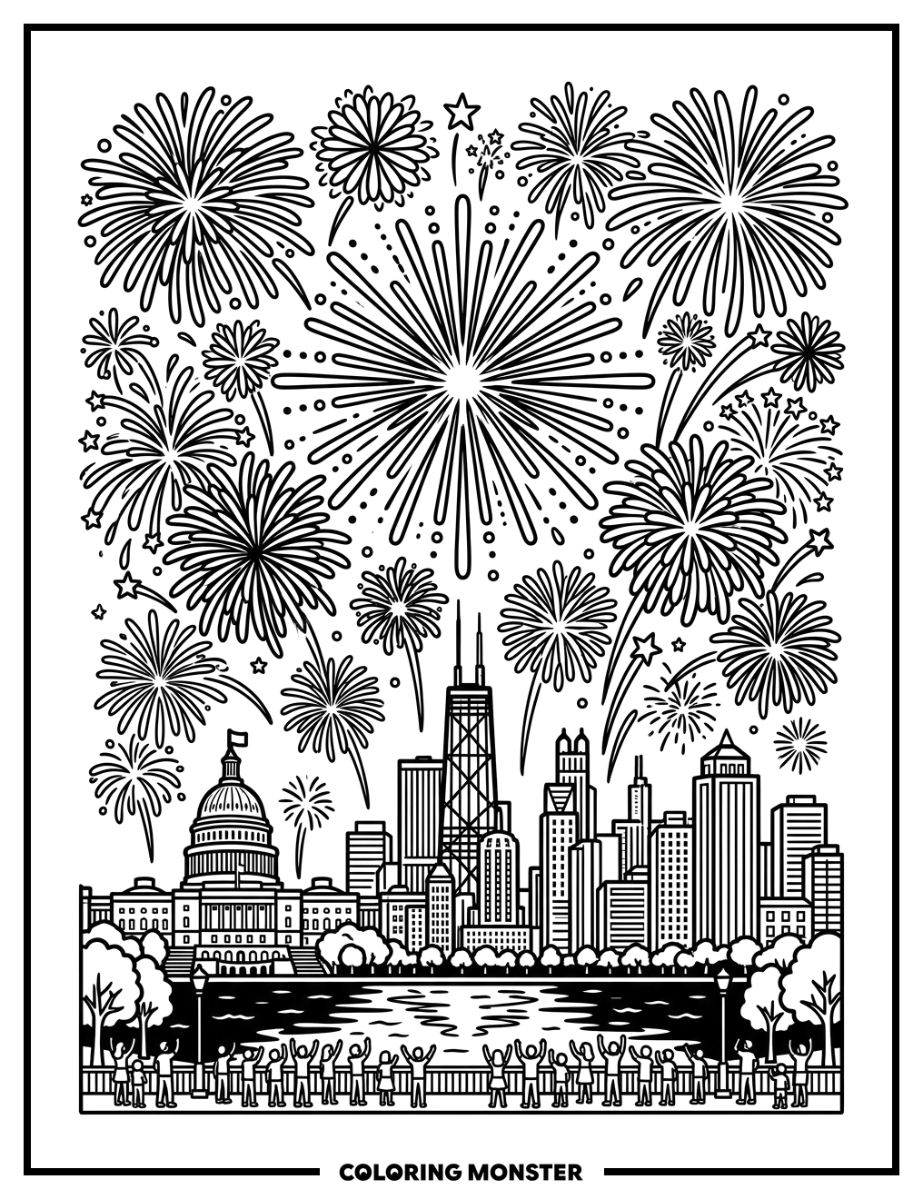 Fourth Of July Fireworks Celebration Coloring Page