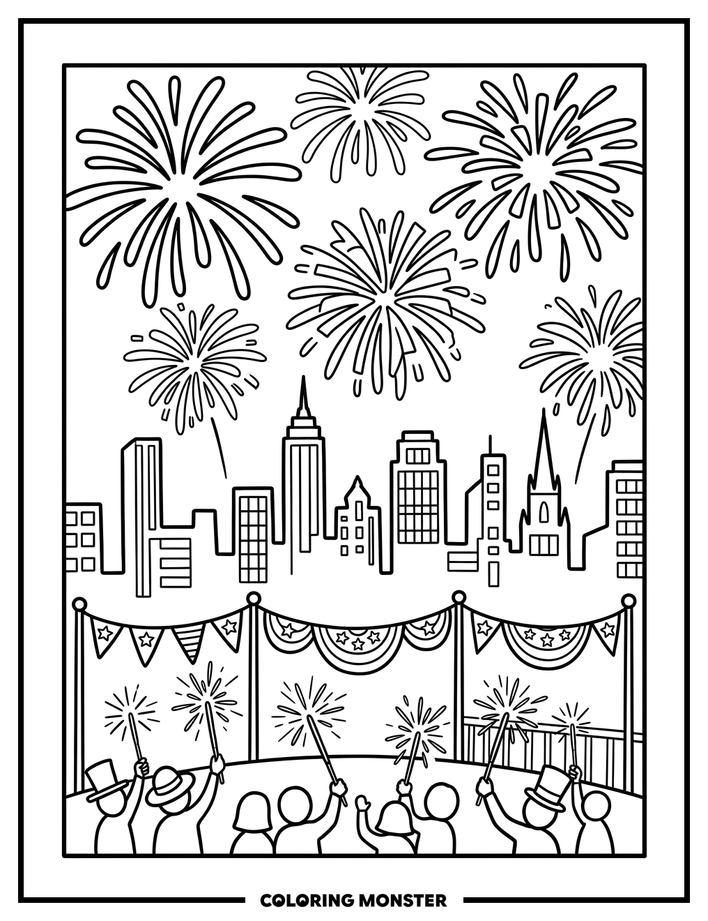 Fourth of July Fireworks Over Cityscape Coloring Page