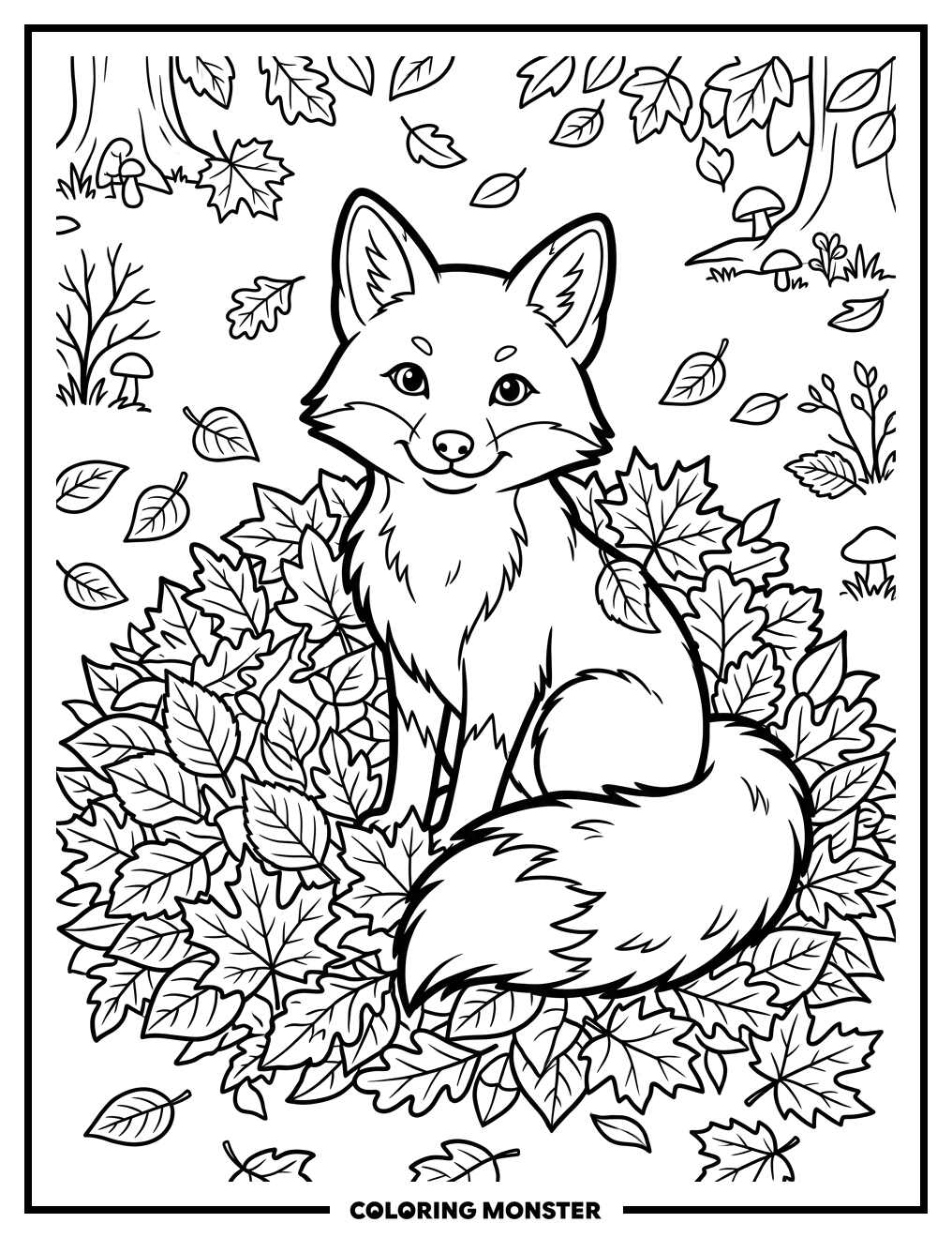 Fox Among Autumn Leaves Coloring Page