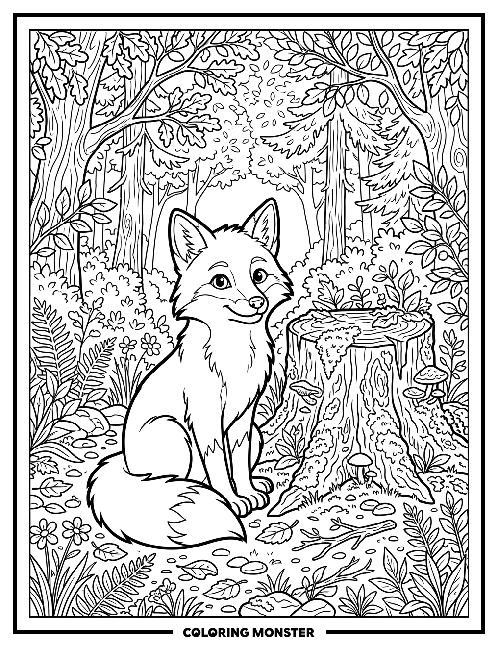 Fox Beside Mossy Tree Stump Coloring Page