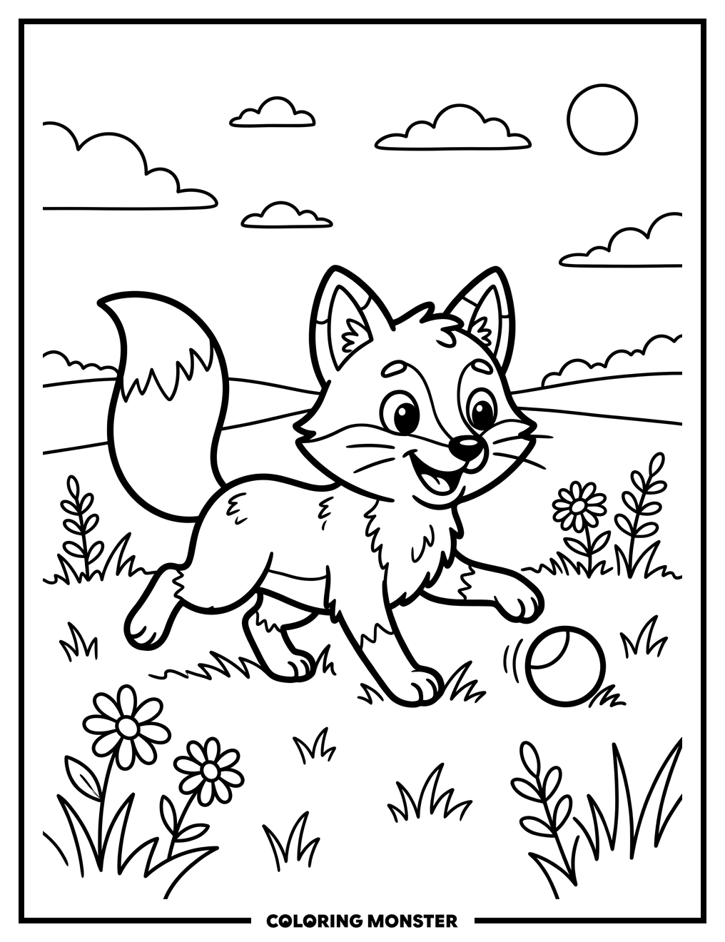 Fox Chasing a Red Ball Coloring Page