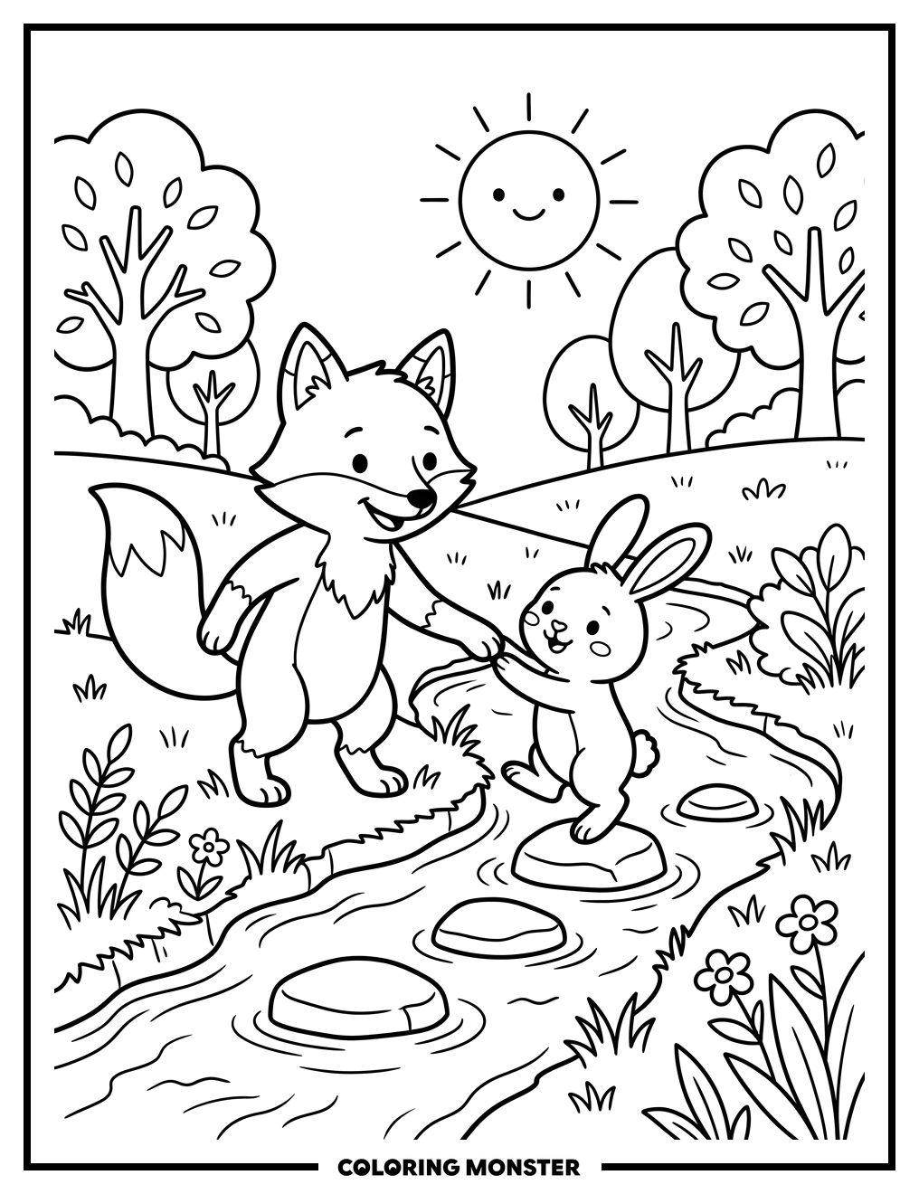Fox Helps Rabbit Cross Stream Coloring Page
