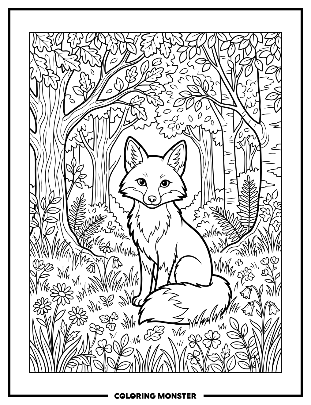 Fox in a Sun-Dappled Forest Clearing Coloring Page