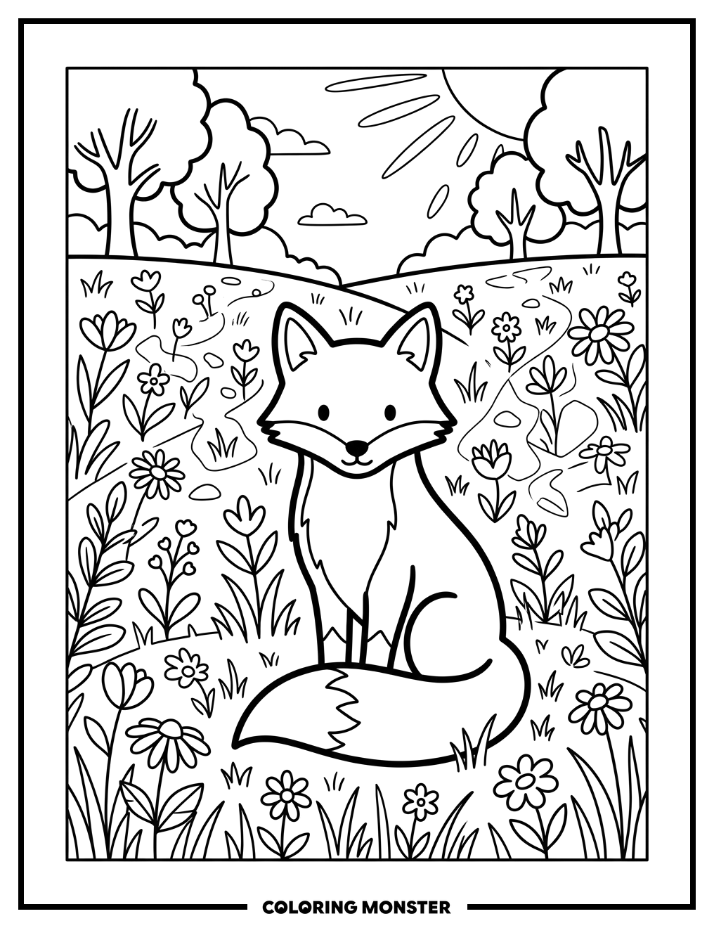 Fox in a Wildflower Meadow Coloring Page