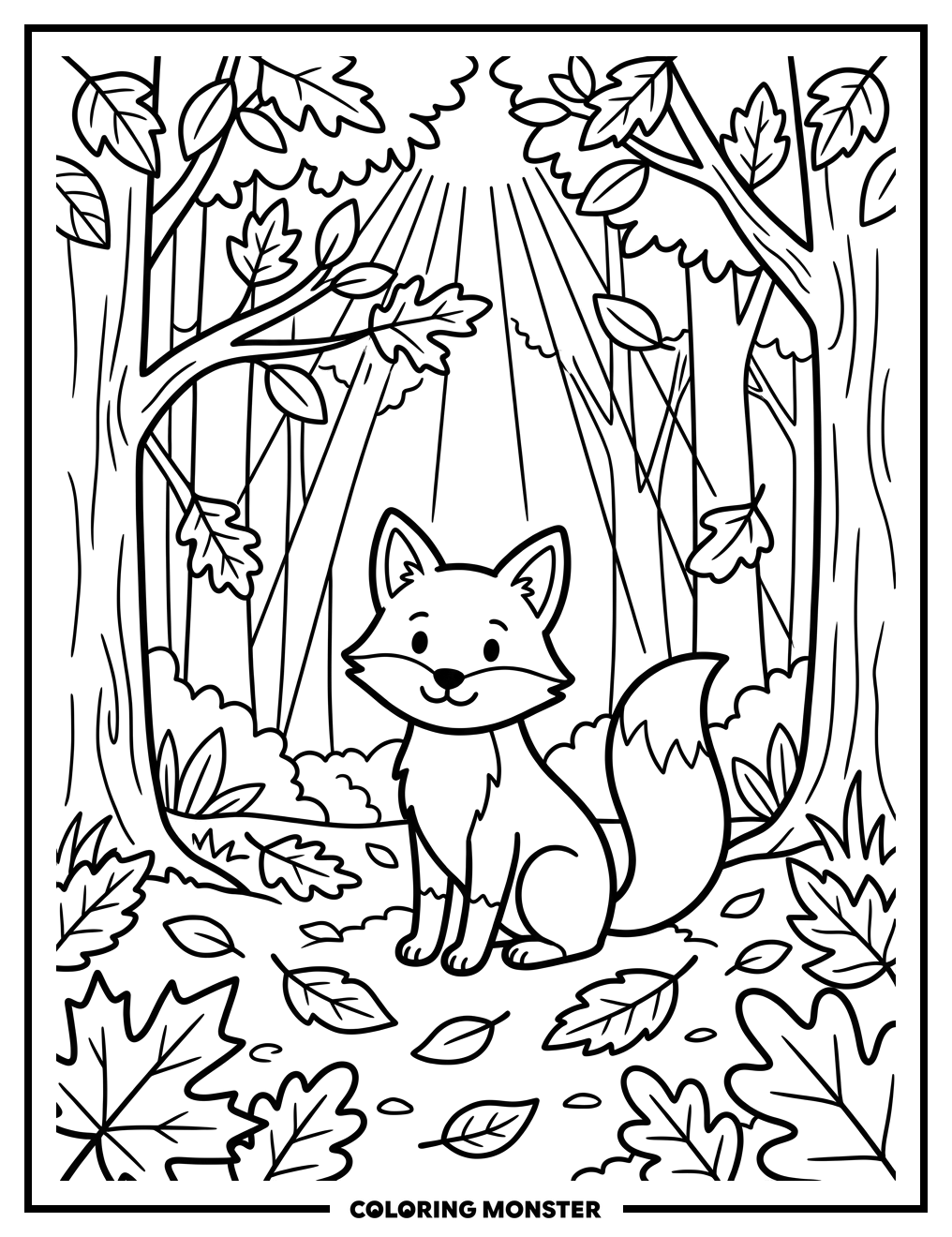 Fox in Autumn Woods Coloring Page
