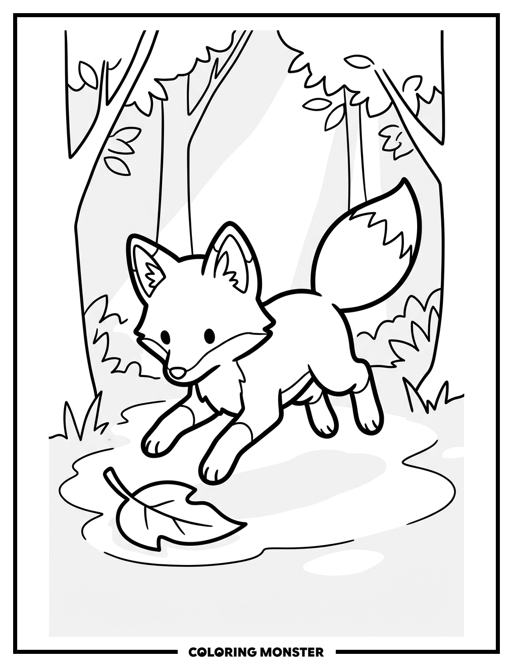 Fox Kit Pouncing on Autumn Leaf Coloring Page
