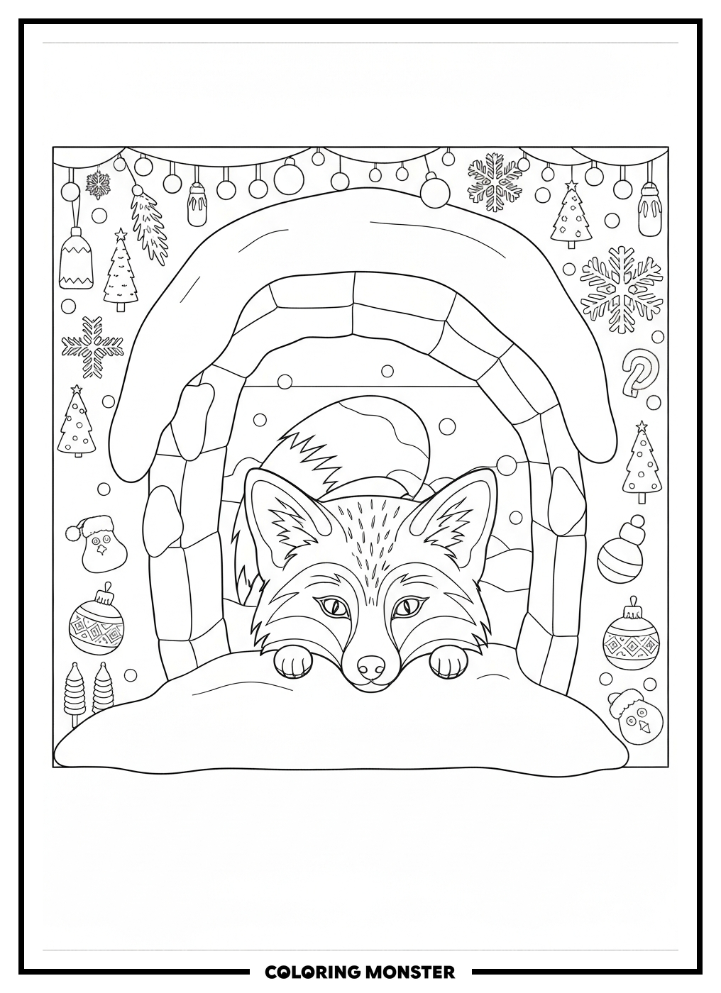 Fox Peeking Out Of A Snowy Den Coloring Page