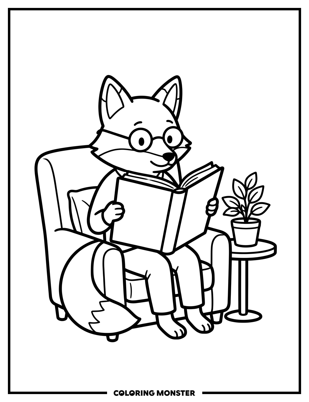 Fox Reading in Armchair Coloring Page