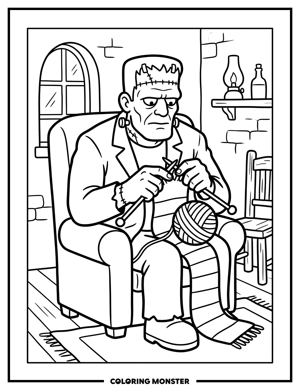 Frankenstein Knitting a Scarf Coloring Page