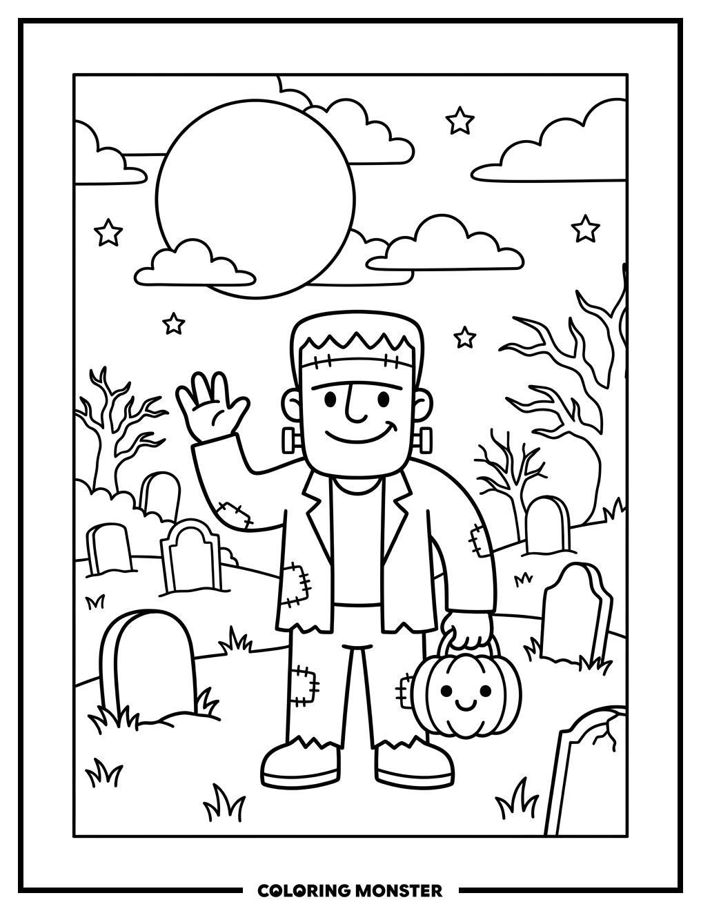 Frankenstein's Monster in Graveyard Coloring Page