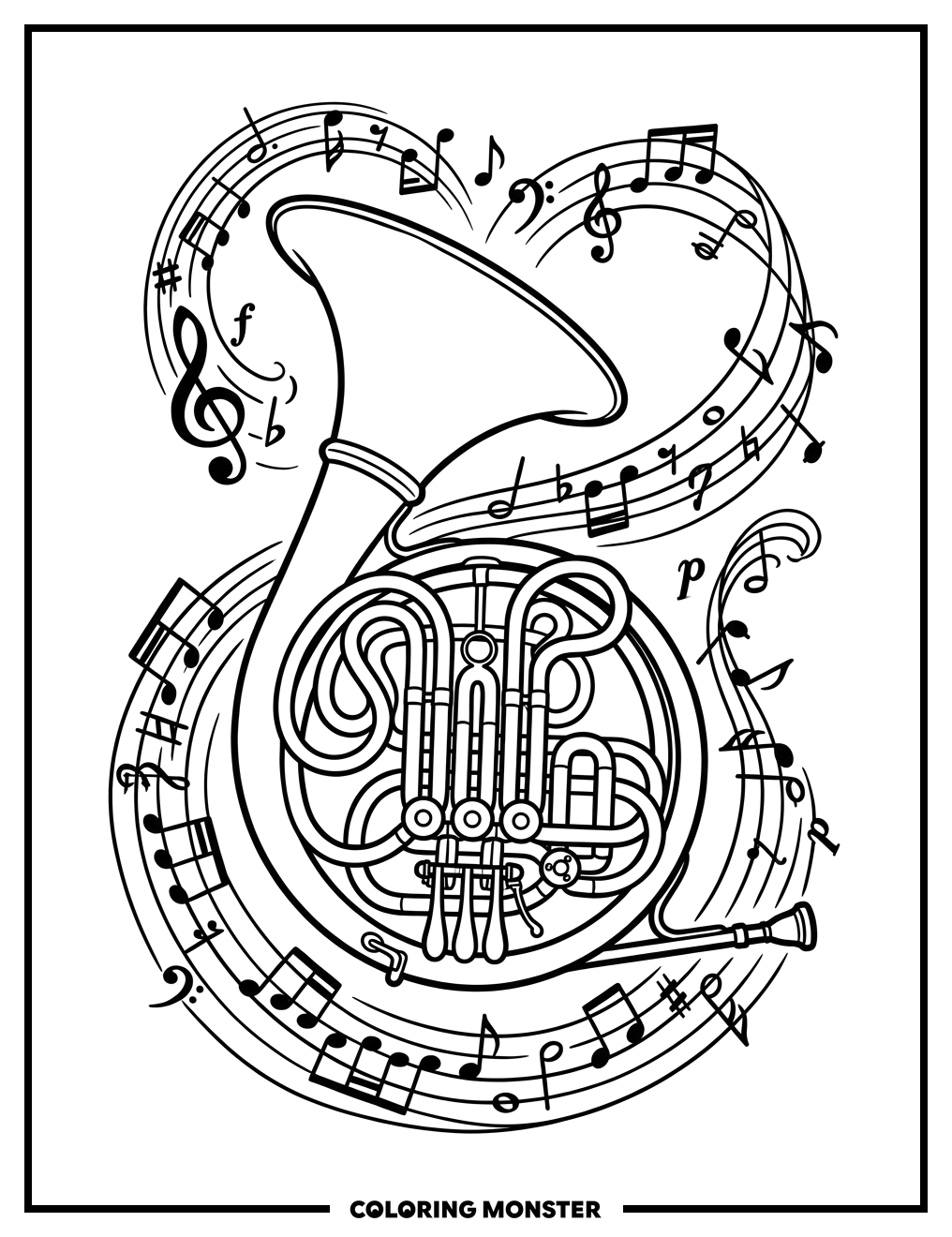 French Horn With Musical Notes Coloring Page