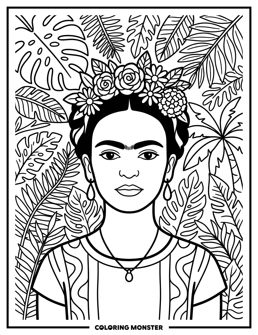 Frida Kahlo with Flowers Coloring Page