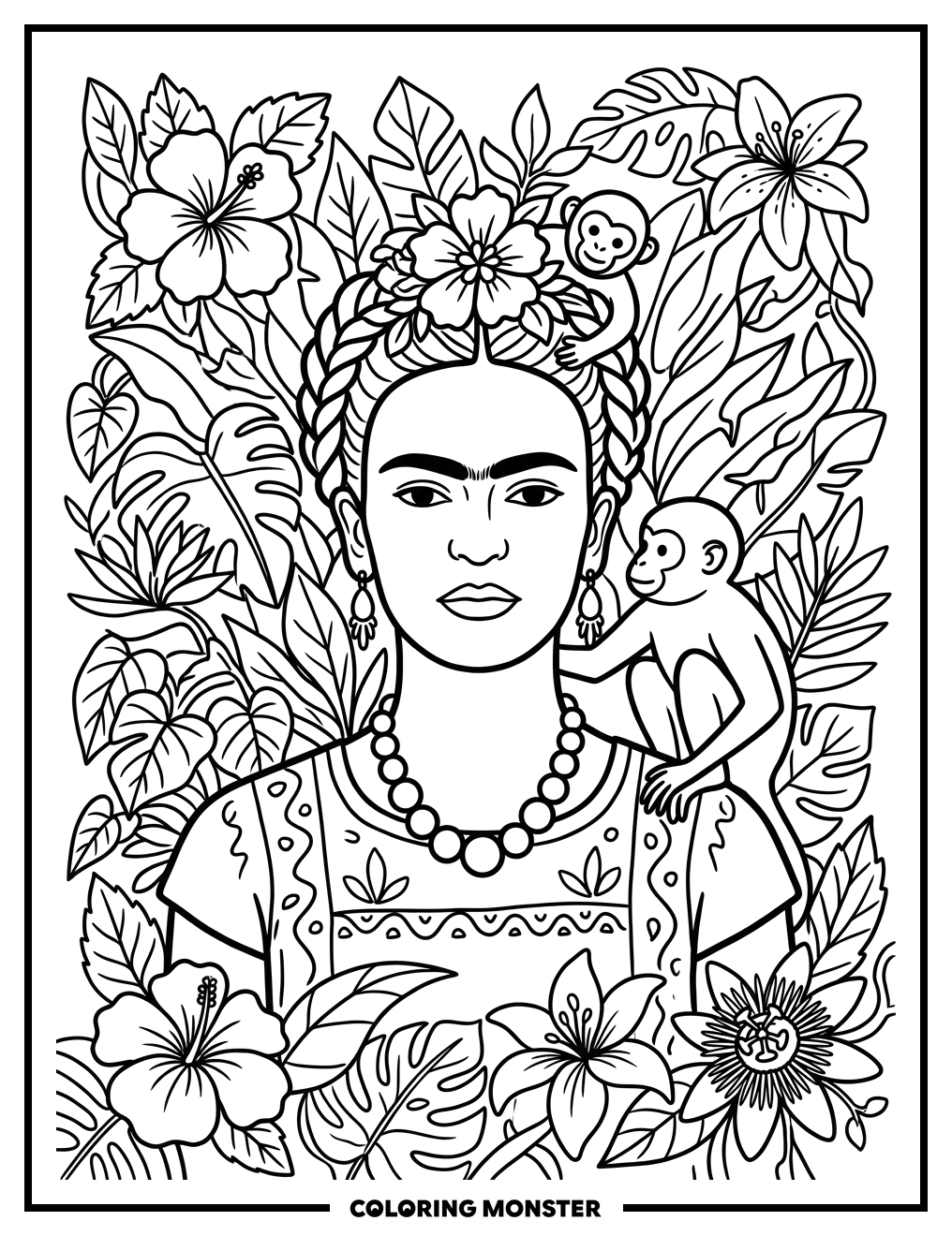 Frida Kahlo With Monkeys and Flowers Coloring Page