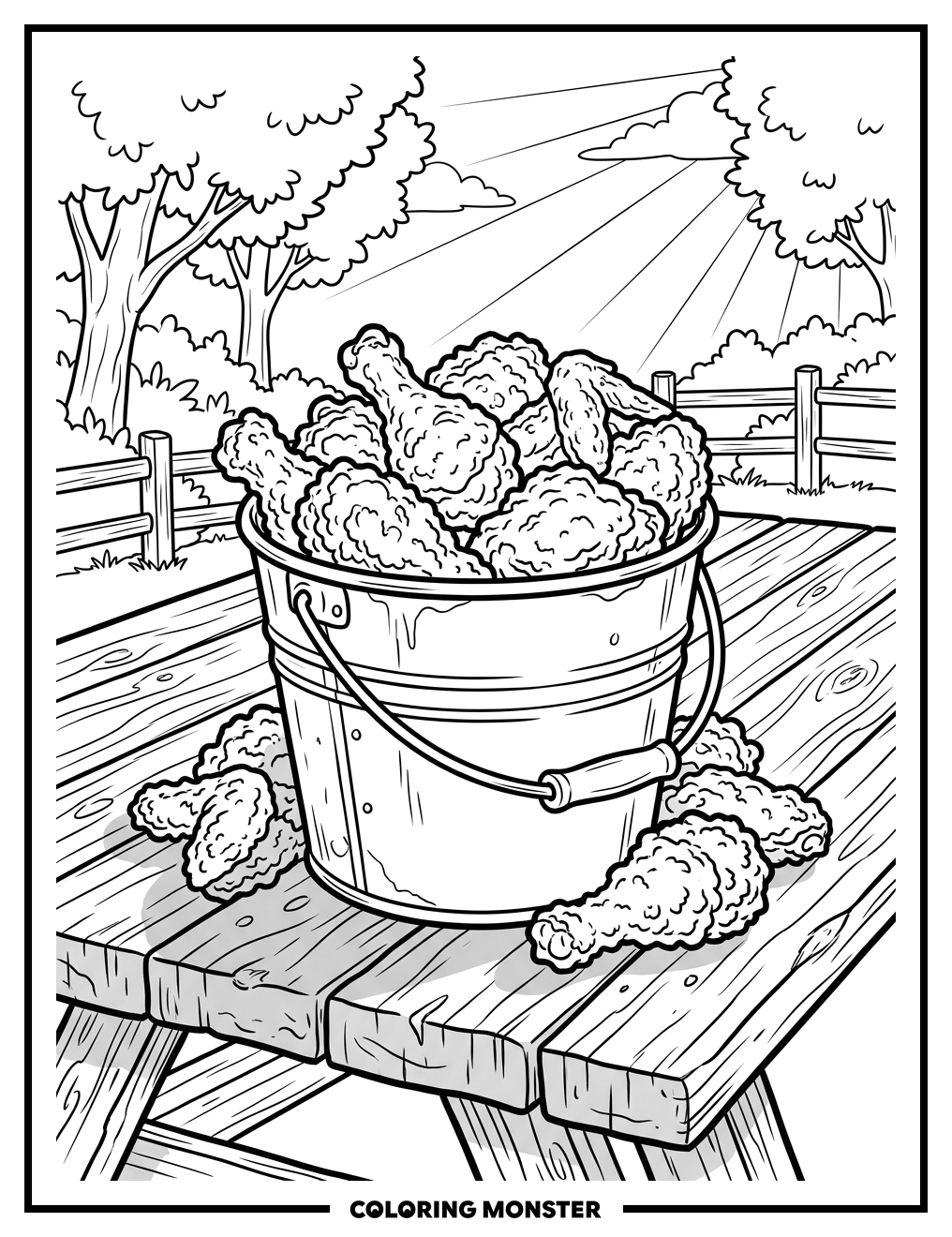 Fried Chicken Bucket on Picnic Table Coloring Page