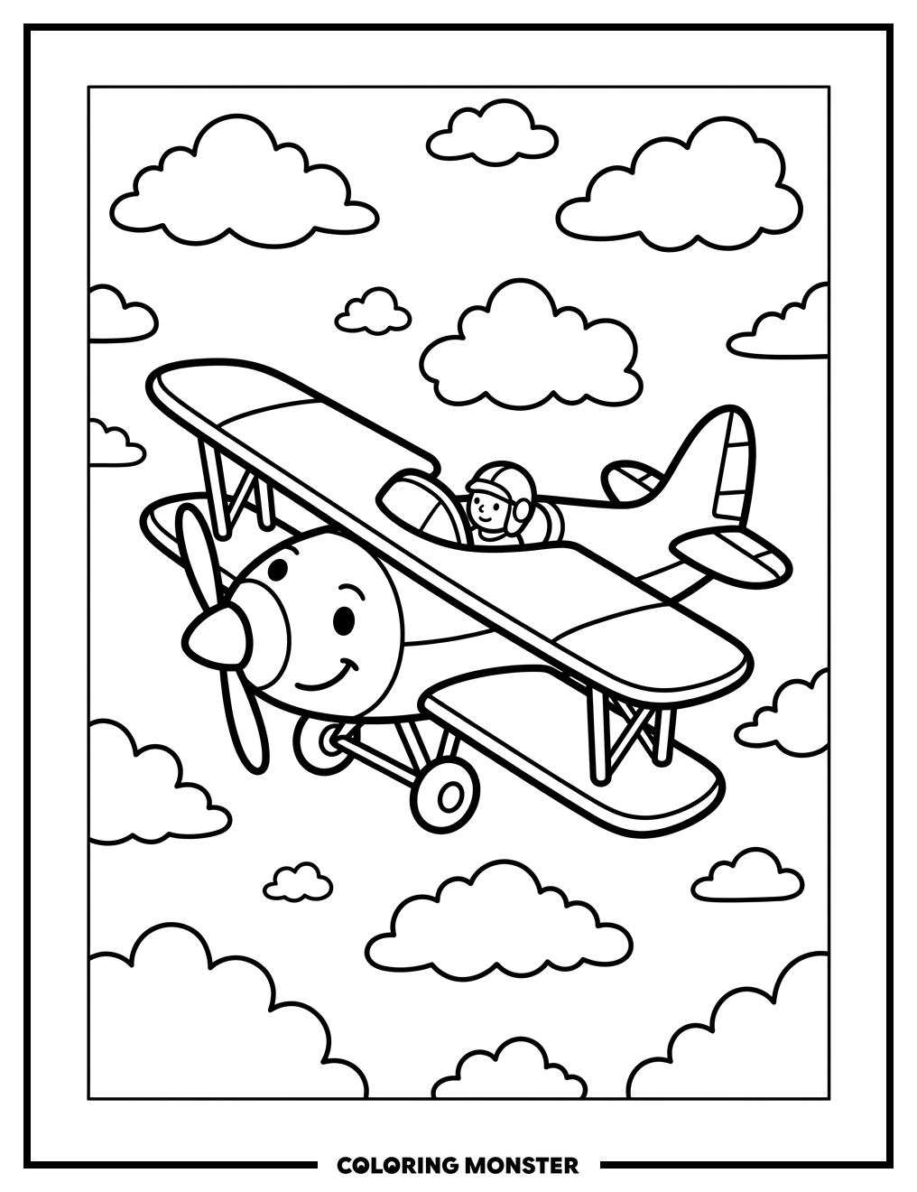 Friendly Airplane Flying Through Clouds Coloring Page