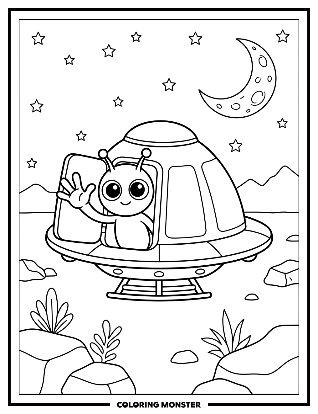 Friendly Alien Waves From Flying Saucer Coloring Page