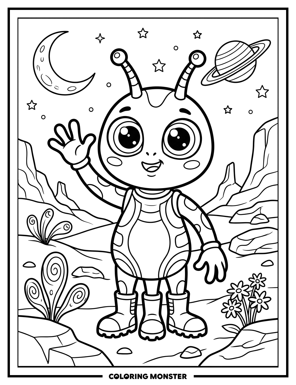 Friendly Alien Waving Hello Coloring Page