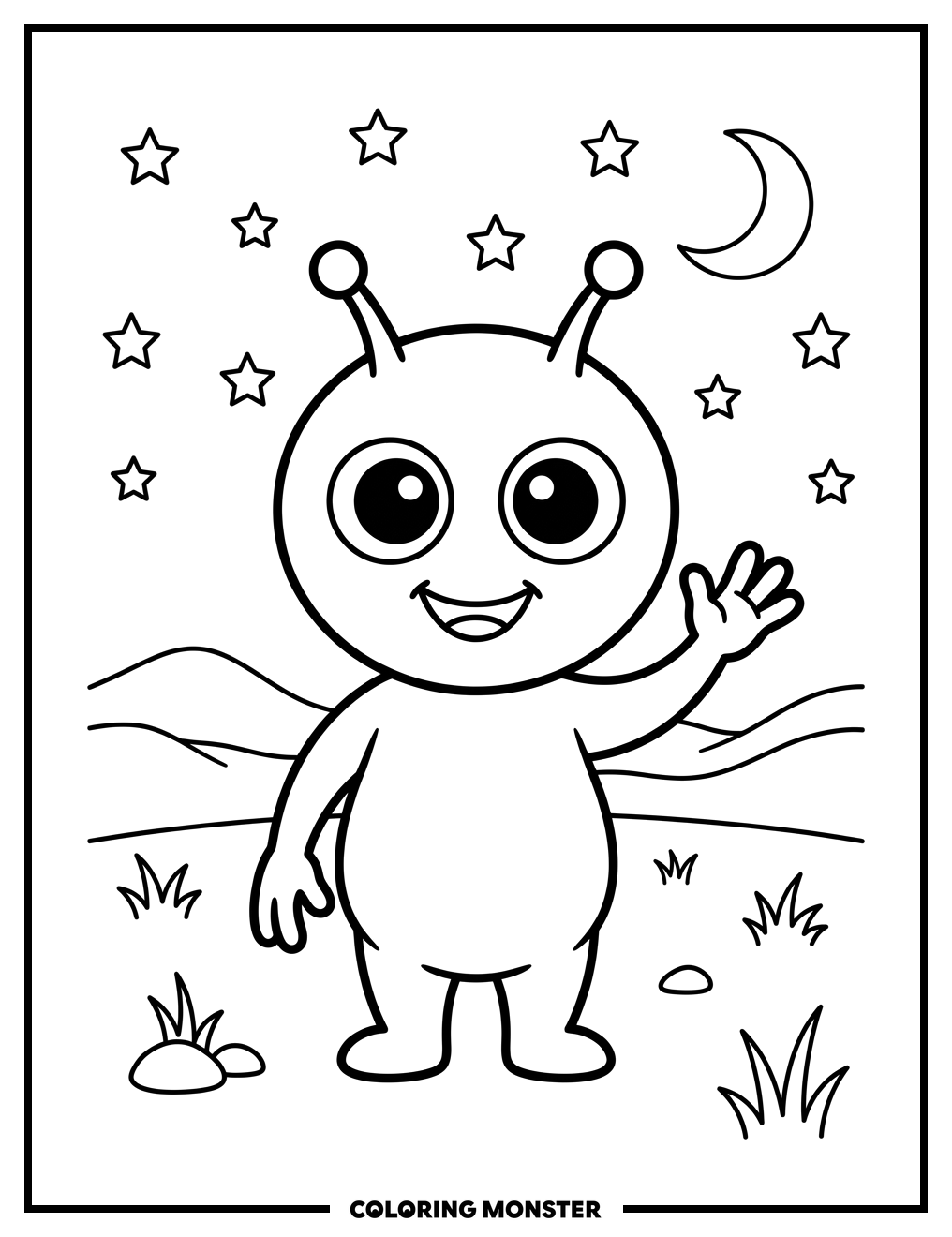 Friendly Alien Waving Hello Coloring Page