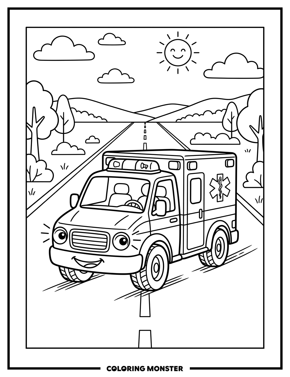 Friendly Ambulance on a Road Coloring Page