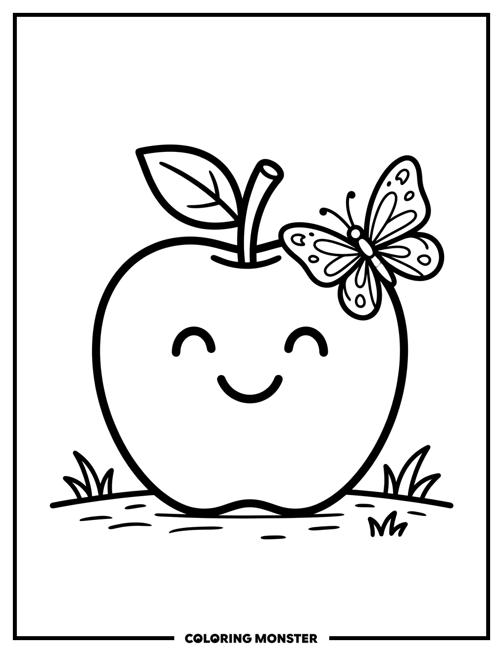 Friendly Apple and Butterfly Coloring Page
