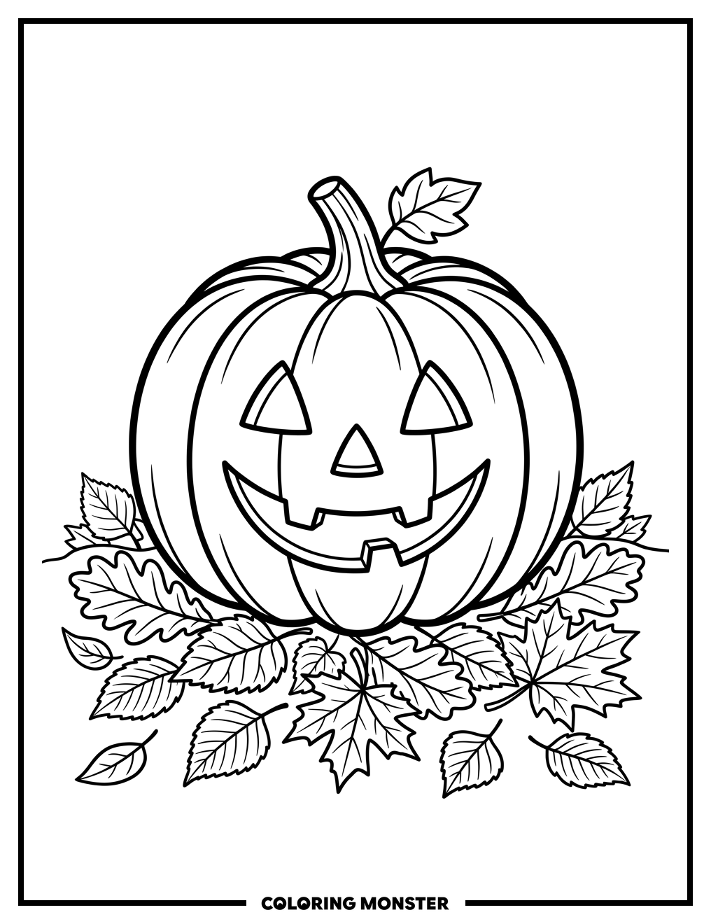 Friendly Autumn Pumpkin and Leaves Coloring Page