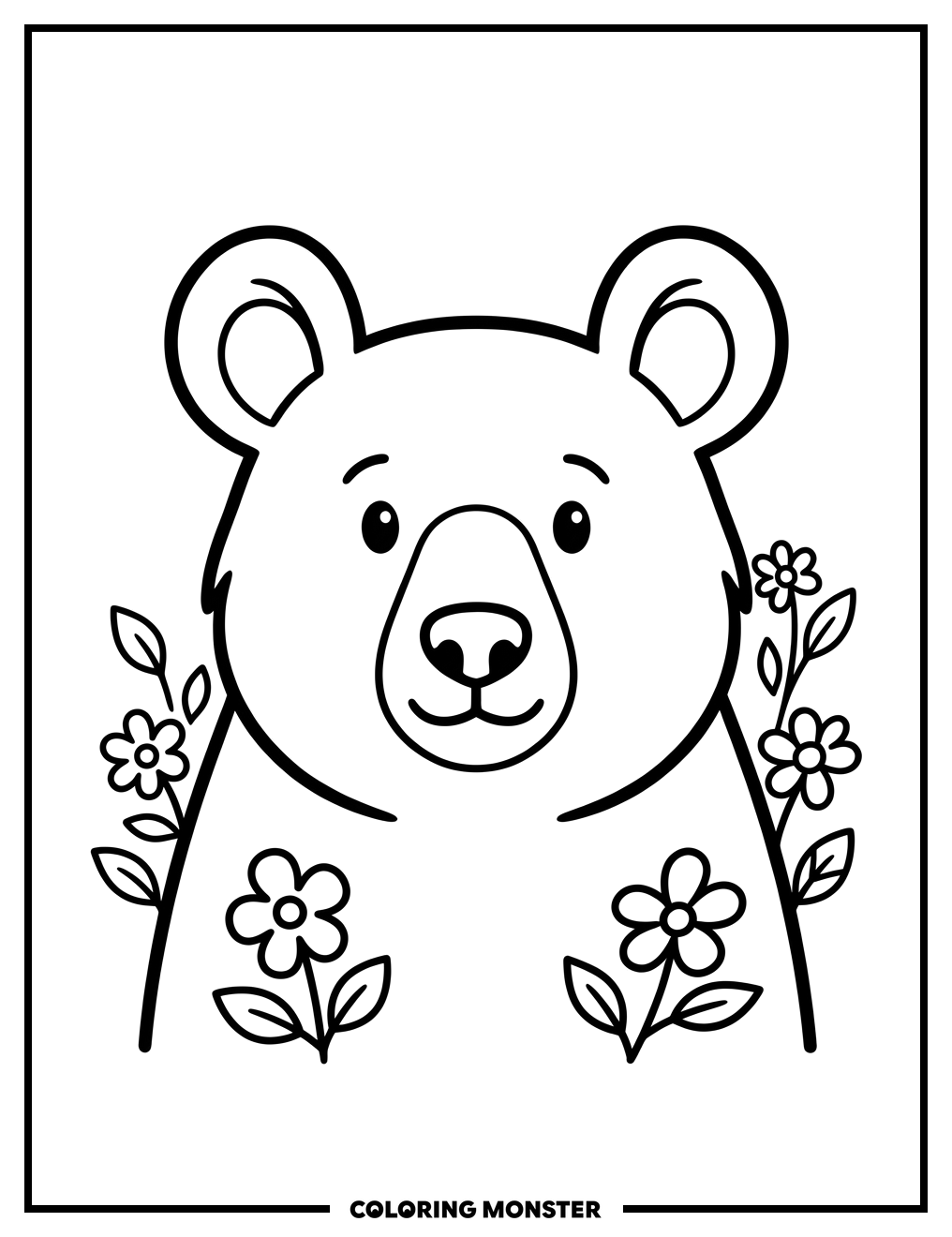 Friendly Bear Face With Flowers Coloring Page