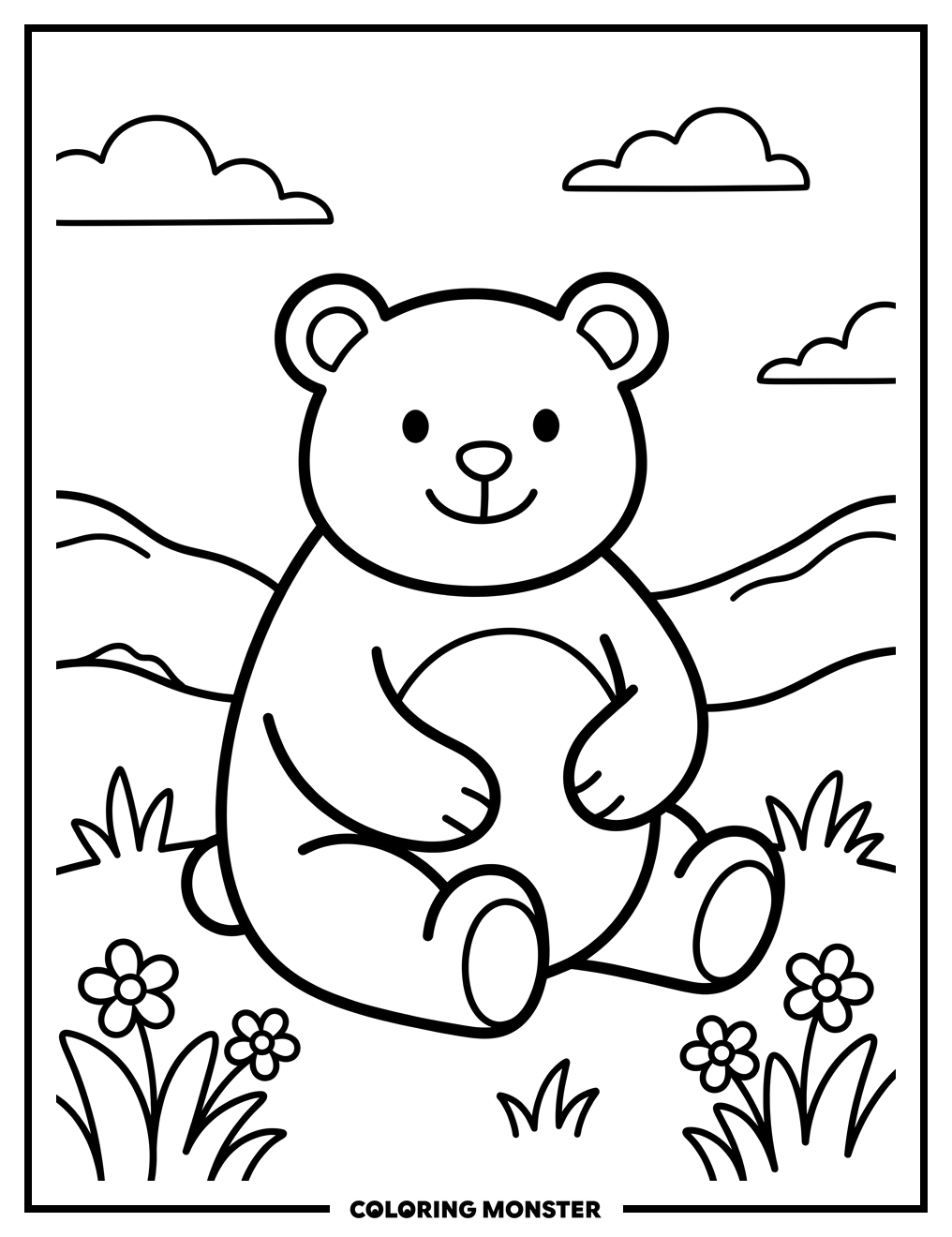 Friendly Bear Sitting on Grass Coloring Page